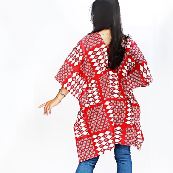 0127/ Red & White Batik Pattern Short Kaftan, Cotton Dress - Picture 4 of 14